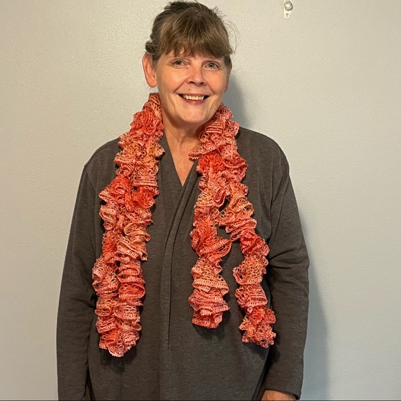 New Handmade Crochet Coral Colored Sequined Twirly Scarf 76” Long - Picture 14 of 14